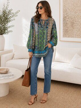 Boho Paisley Tunic Top  Multicolor Long Sleeve Flowy XL